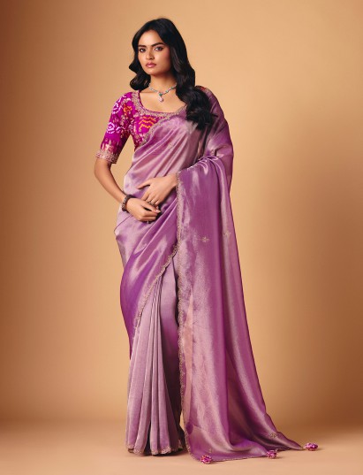 Pastel purple saree in tissue silk with ready made blouse