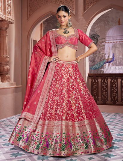 Maroon banarasi silk zari work lehenga choli ensemble