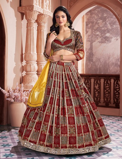 Maroon printed bandhej silk sweetheart neck lehenga choli