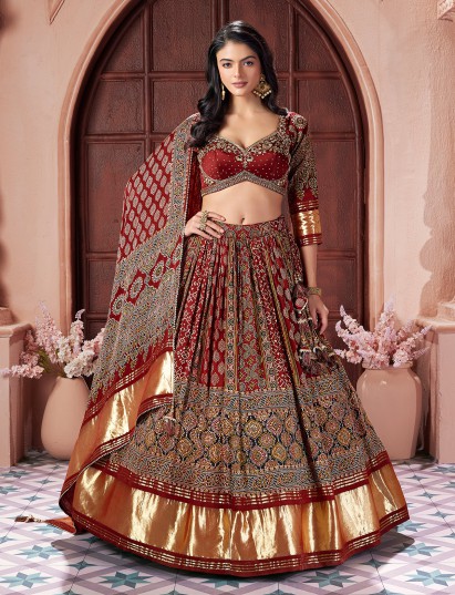 Maroon printed cotton silk zari work lehenga choli