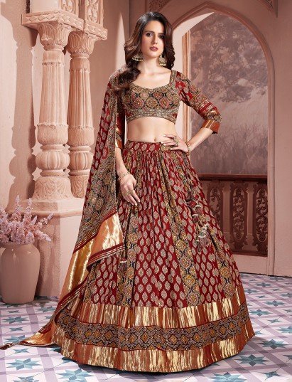 Maroon printed cotton silk sweetheart neck lehenga choli