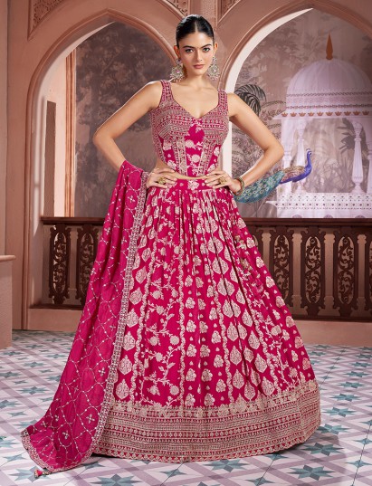 Rani pink georgette sleeveless sweetheart neck lehenga choli
