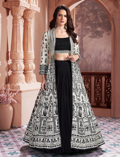 Black silk designer long jacket style lehenga choli
