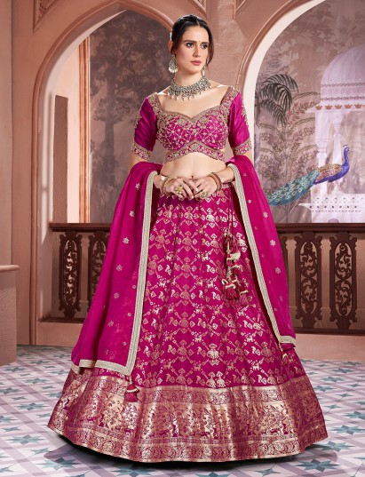Rani pink banarasi silk designer lehenga choli for weddng wear