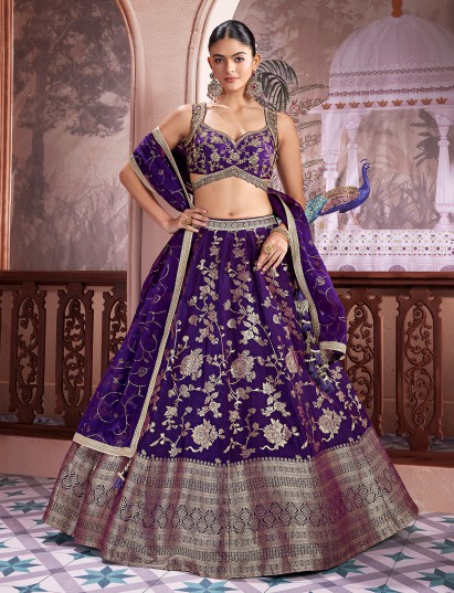 Purple banarasi silk designer sleeveless lehenga choli