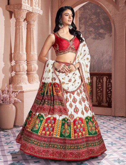 White printed silk sweetheart sleeveless lehenga choli