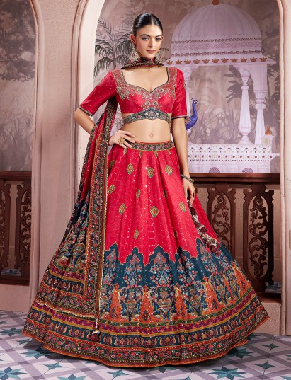 Maroon printed silk lehenga choli with dupatta