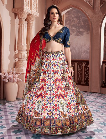 Multicolor printed silk V neck lehenga choli
