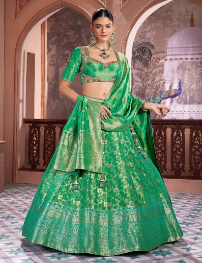 Light green banarasi silk sweetheart neck lehenga choli