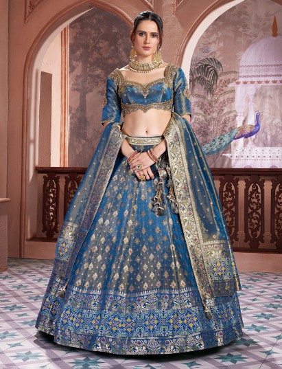 Stone blue banarasi silk heavy embellished lehenga choli