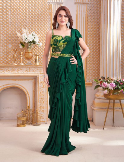 Bottle green satin silk designer ruffle saree