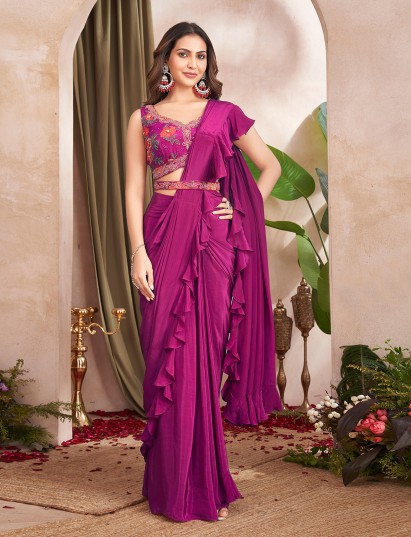 Purple satin silk ruffle ready to wear saree