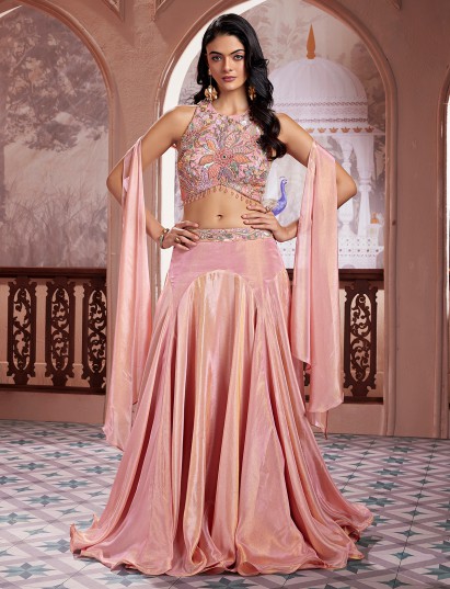 Pink crepe silk boat neck lehenga choli