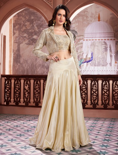Cream crepe silk designer jacket style lehenga choli