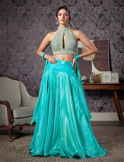Aqua blue crepe silk halter neck lehenga choli