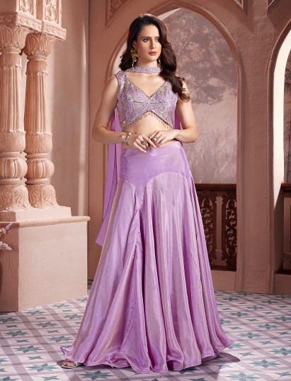 Lilac purple crepe silk V neck lehenga choli