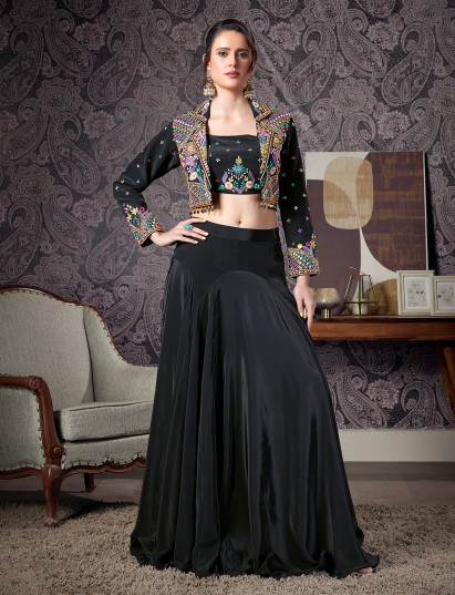 Black crepe silk designer jacket style lehenga choli