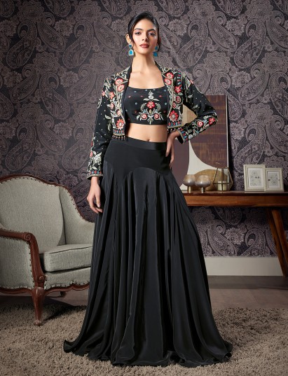 Black crepe silk beaded jacket style lehenga choli