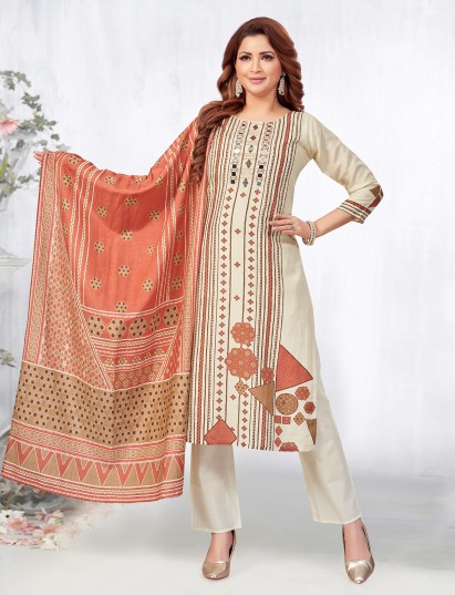 Beige peach printed silk straight cut suit