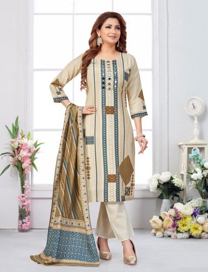 Beige olive printed silk festive suit set
