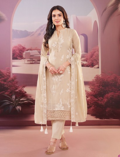 Beige silk embroidered straight cut ethnic suit