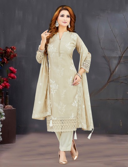 Cream silk embroidered festive salwar suit set