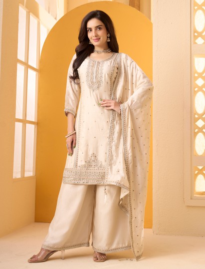 Beige silk pakistani style palazzo suit with dupatta