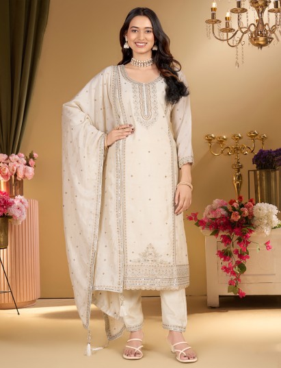 Beige silk straight cut pakistani salwar suit