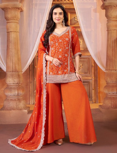 Graceful deep orange chiffon palazzo suit set