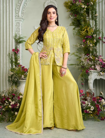 Elegant lemon yellow satin silk palazzo suit set