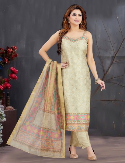 Beige silk graceful straight cut suit set