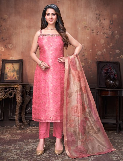 Pink silk embellished straight cut suit set