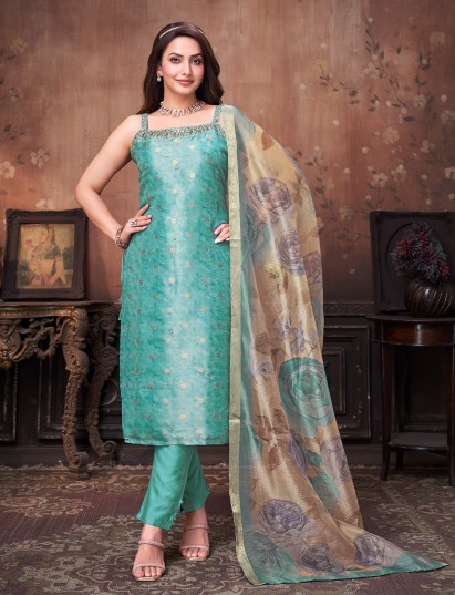Aqua blue silk festive straight cut suit
