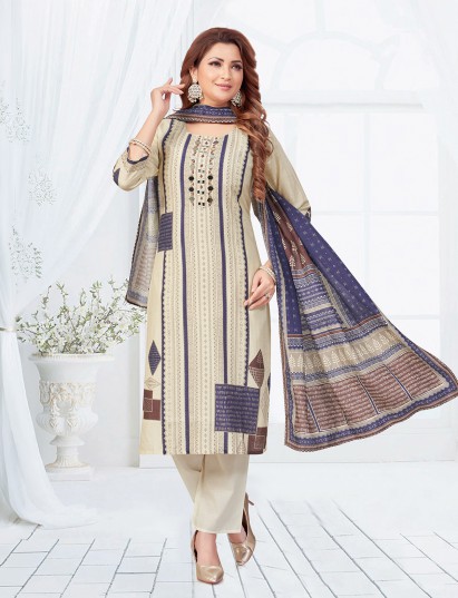 Beige purple printed silk ethnic salwar suit
