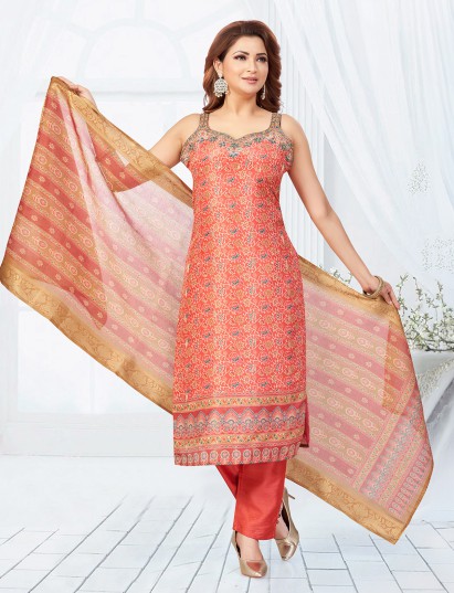Peach printed silk straight cut salwar suit 