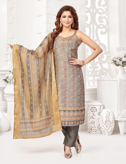 Grey printed silk festive ethnic suit