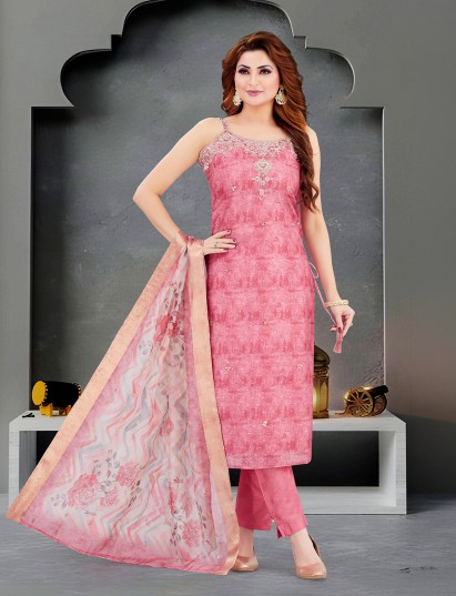 Onion pink silk straight cut festive wear salwar suit