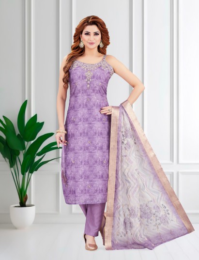 Lavender purple silk straight cut salwar suit
