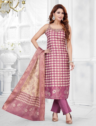 Wine floral printed silk festive salwar suit