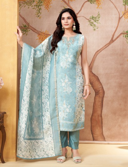 Pastel blue floral silk straight cut festive wear salwar suit