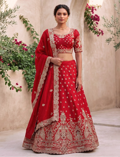 Red raw silk bridal lehenga choli with bird embroidery