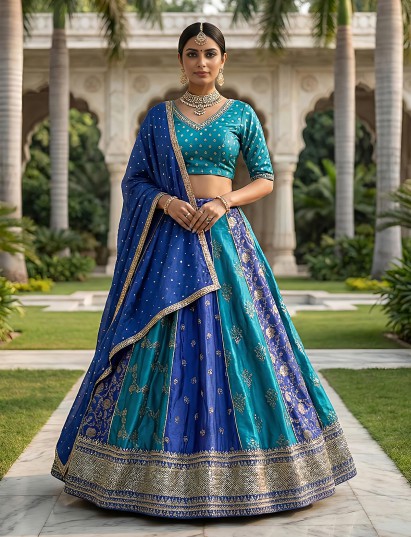 Blue  designer gaji satin lehenga choli