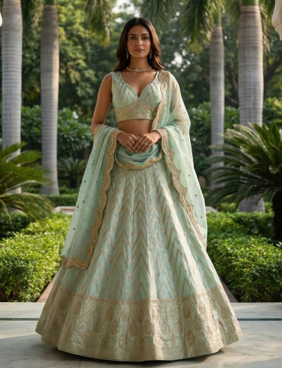 Mint green designer dola silk lehenga choli with dupatta