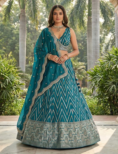 Aqua blue embroidered silk lehenga choli with dupatta