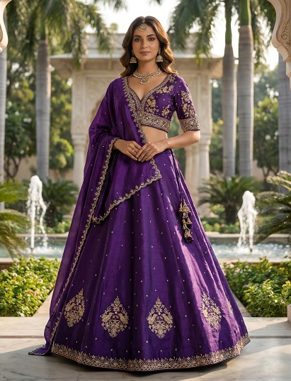Violet premium slub silk festive lehenga choli with dupatta