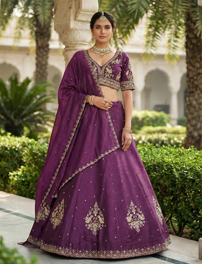 Purple designer slub silk embroidered lehenga choli ensemble