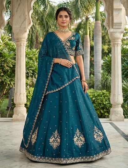 Peacock green embroidered slub silk festive lehenga choli