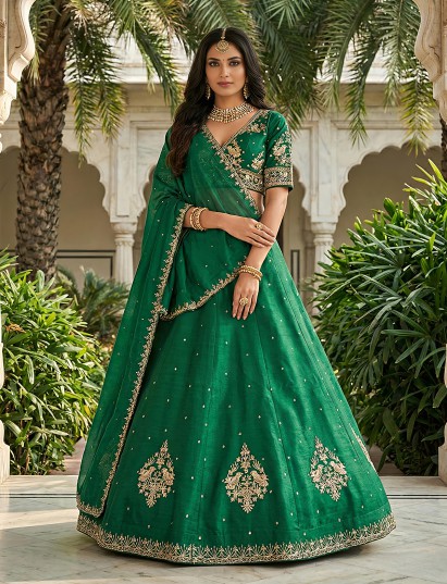 Green embellished slub silk wedding lehenga choli collection