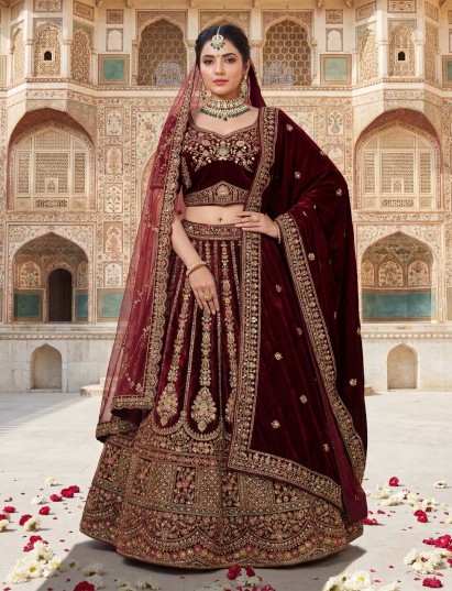 Dark maroon velvet bridal lehenga choli with double dupatta