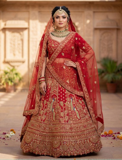 Red peacock motif bridal silk lehenga choli with double dupatta